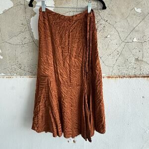 Anthropologie Maeve Midi Skirt Satin Jacquard Copper Tie Waist Crinkle A Line 8